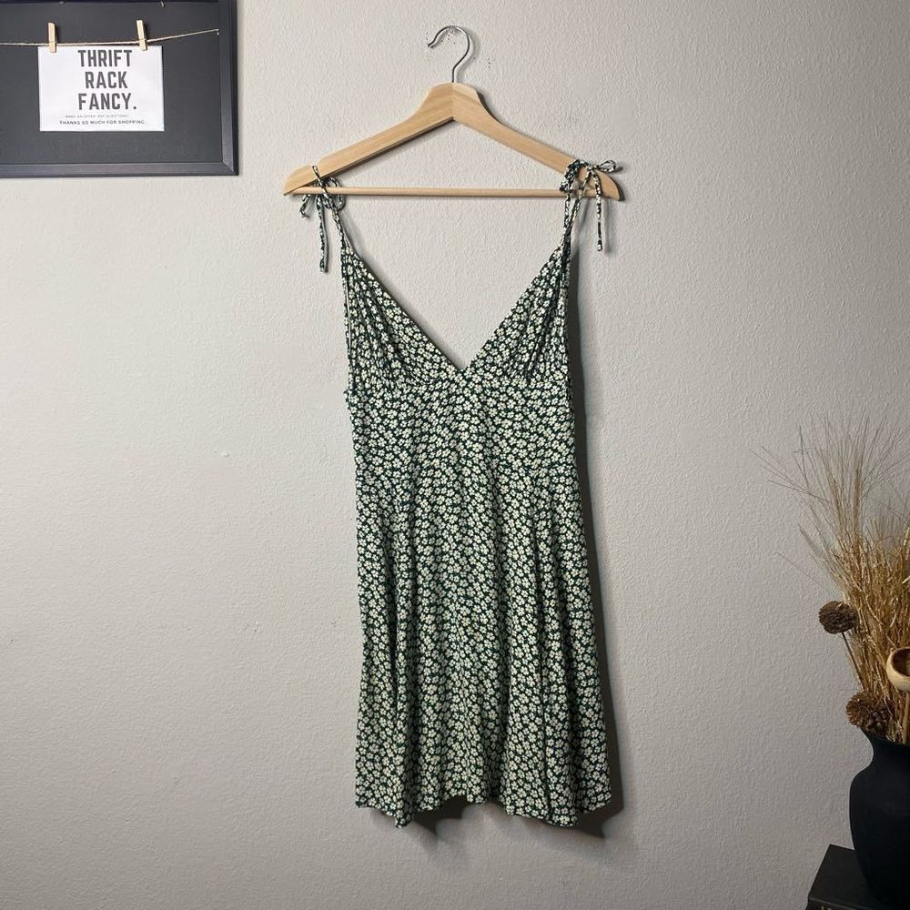 Reformation Mini Dress Green Floral Print Tie Shoulder Size 8